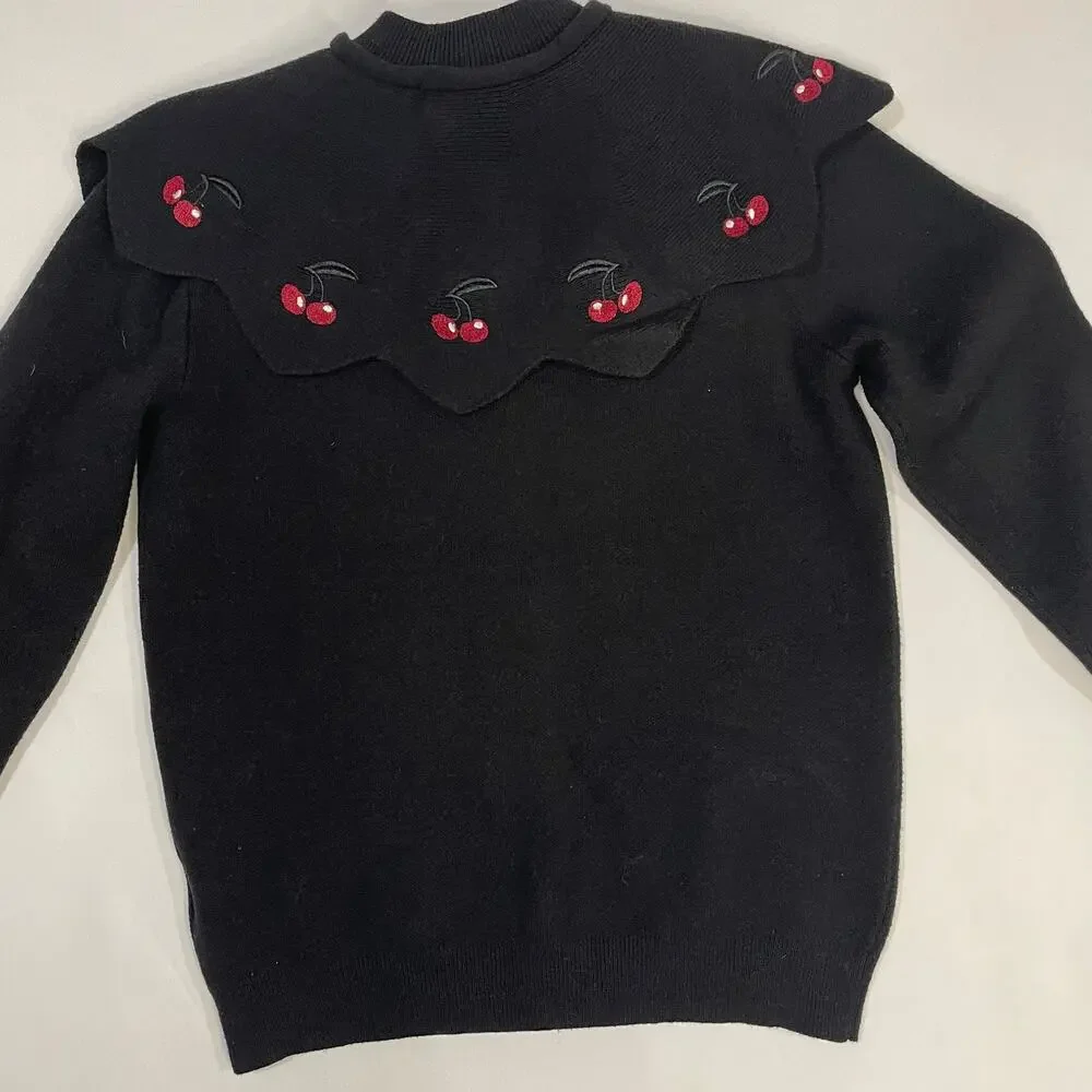 Girls Black Cardigan Sweater with Cherry Peter Pan Collar Tie Neck Size 12‎